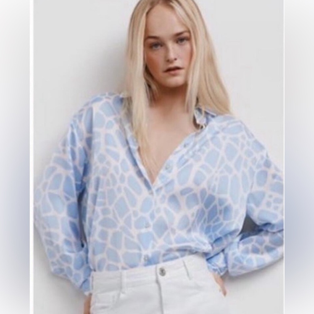 Zara Light Blue and White Satin Animal Print Blouse. Size Large.